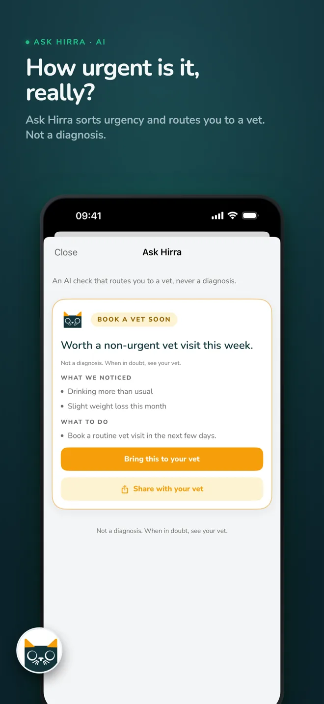 Ask Hirra AI: a banded answer that routes to a vet