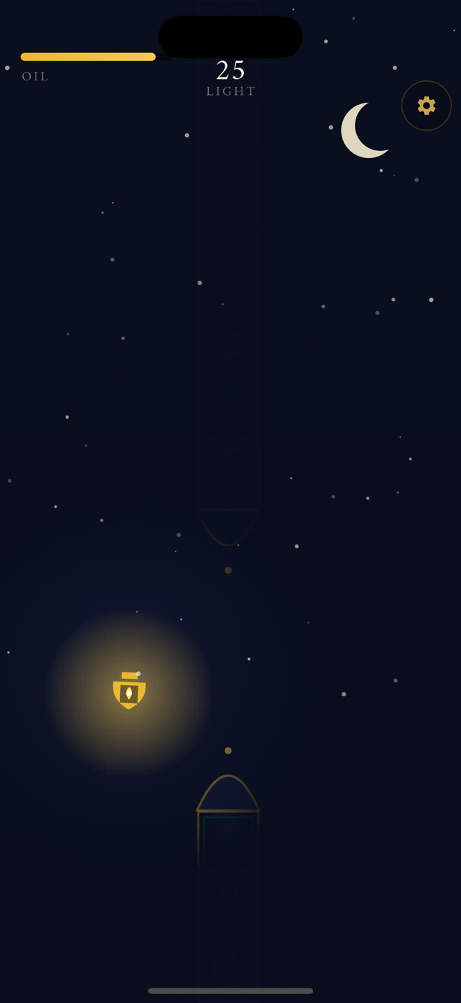 Misbah gameplay: the glowing lantern carrying its light past pointed arches under a crescent moon