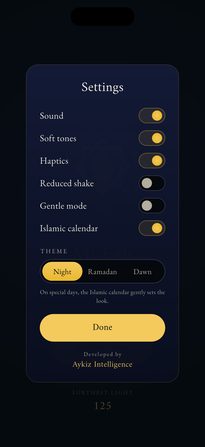 Misbah settings: sound, haptics, gentle mode, Islamic calendar and the Night, Ramadan and Dawn themes