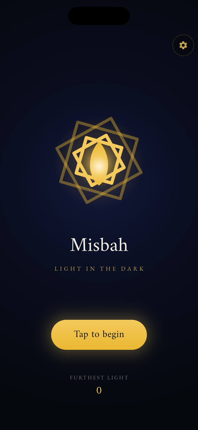 Misbah start screen: the radiant star and a single gold button, Tap to begin